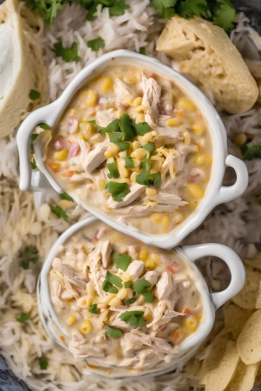 A close-up photo of slow cooker creamy white chicken chili with shredded chicken and beans under soft lighting.
