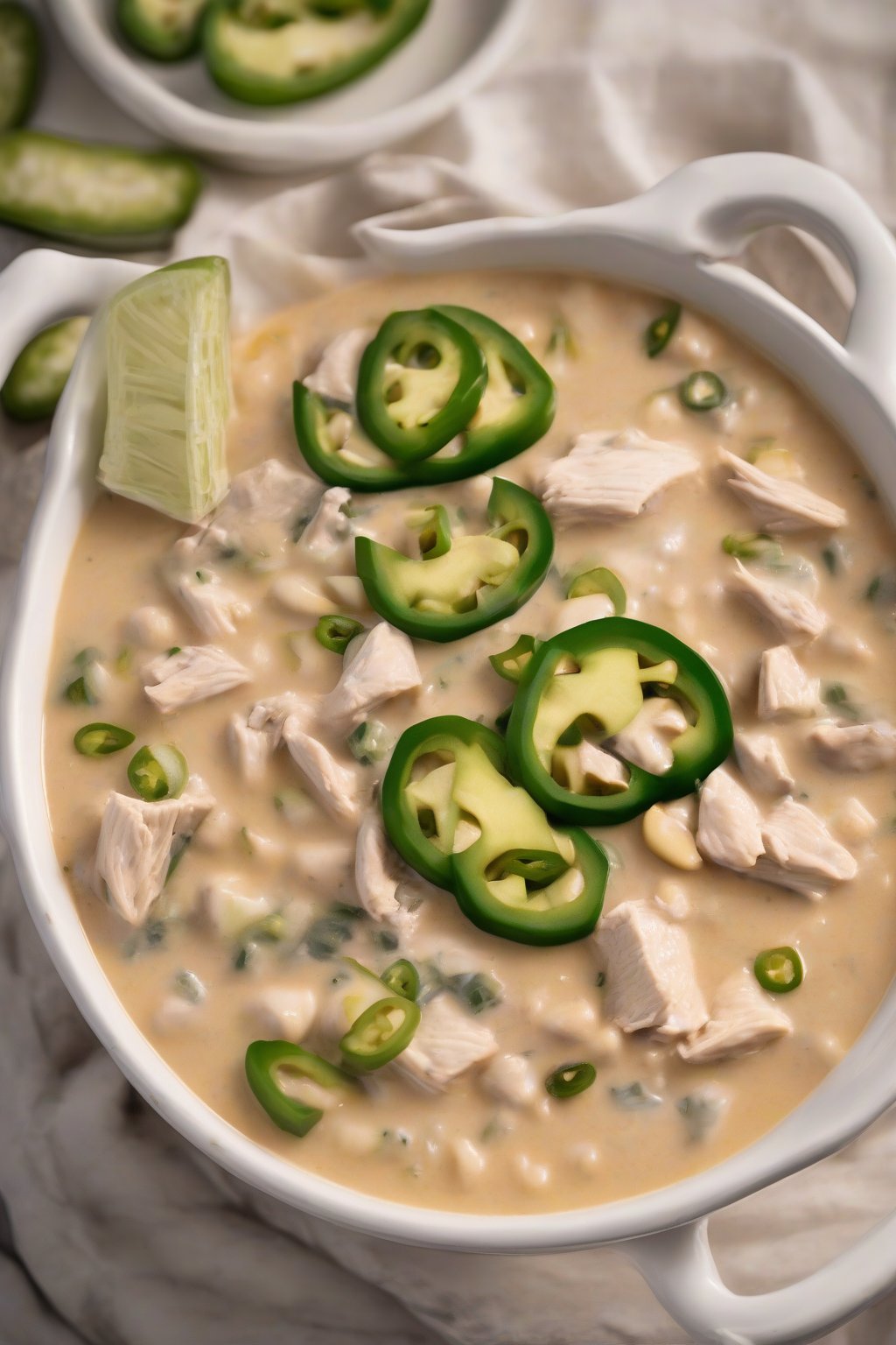 A high-resolution photo of spicy creamy white chicken chili garnished with jalapeño slices, under soft lighting.
