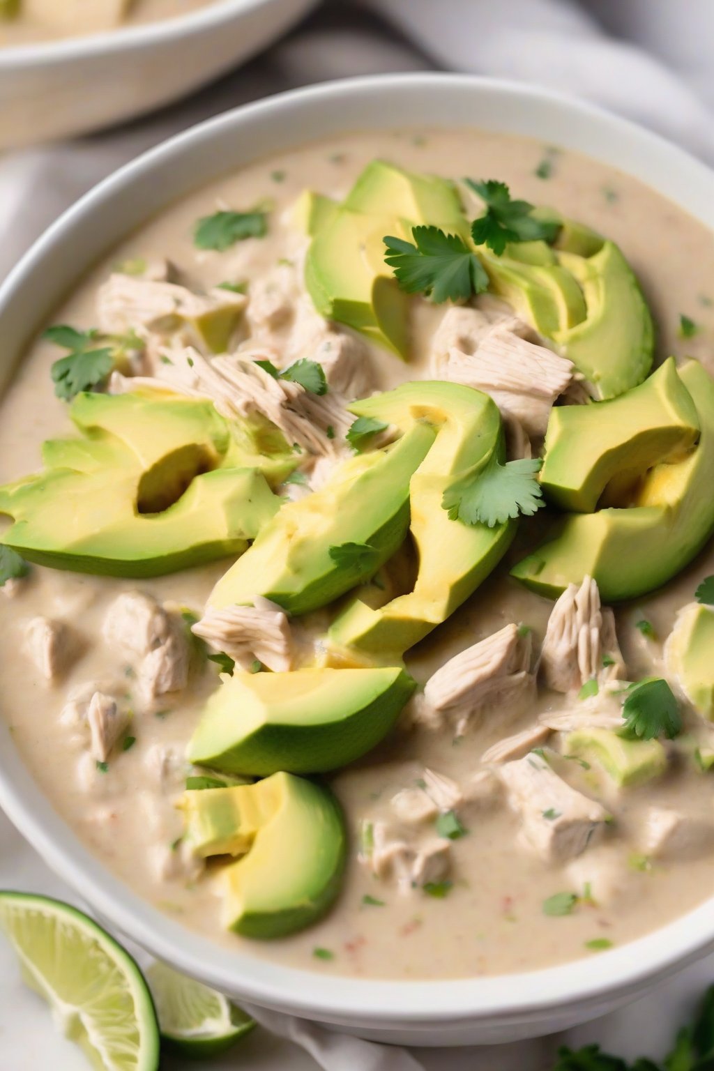 A close-up photo of Instant Pot creamy white chicken chili topped with avocado slices under soft lighting.