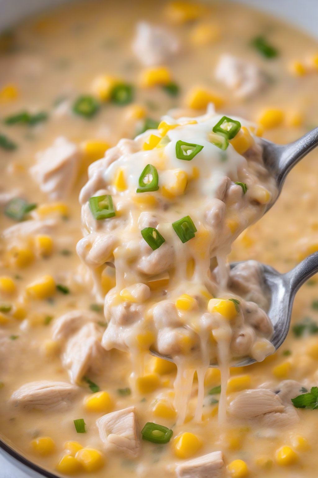 A close-up photo of cheesy white chicken chili with corn and melted cheese pull under soft lighting.