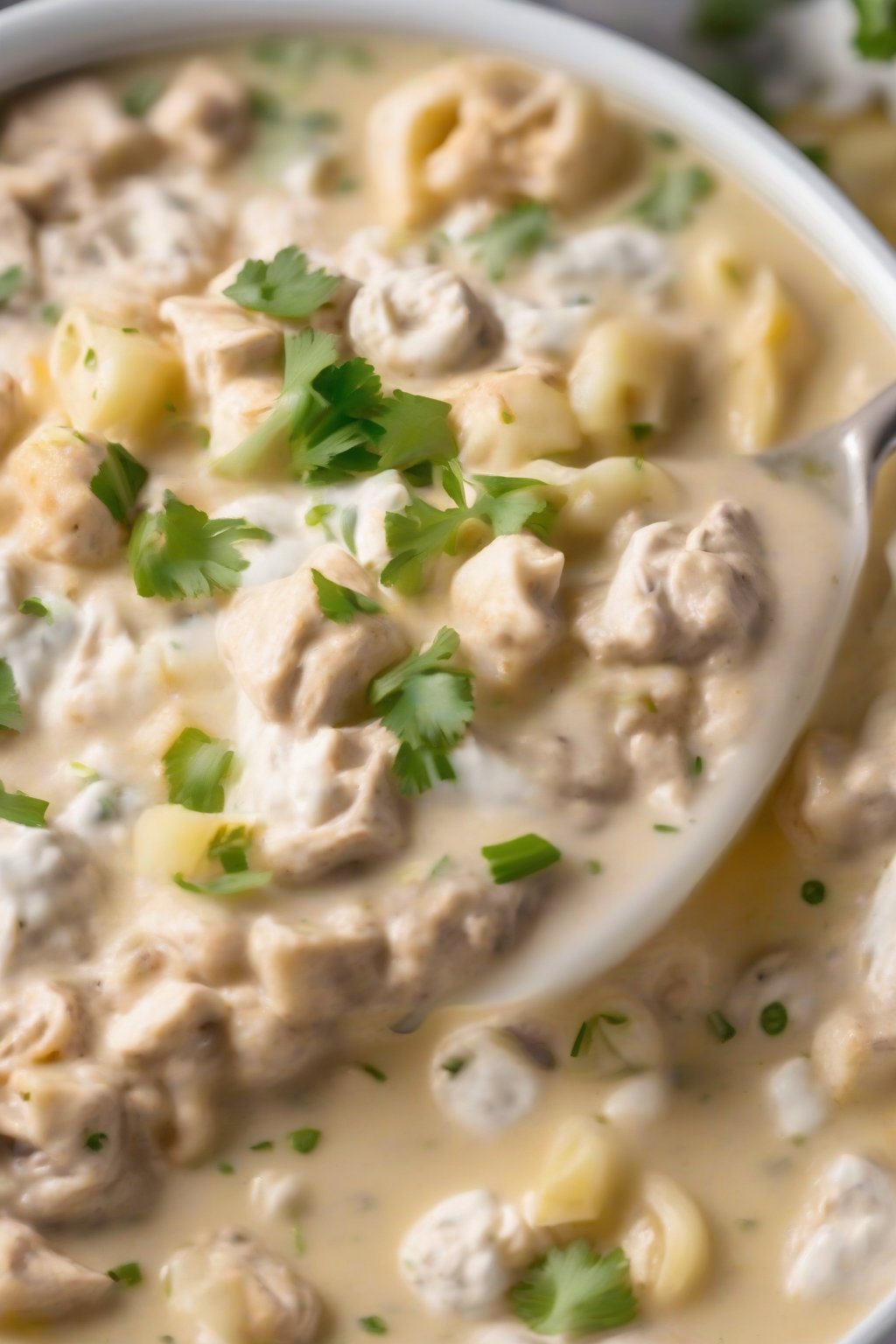 A close-up photo of keto creamy white chicken chili with cauliflower and cream swirls under soft lighting.