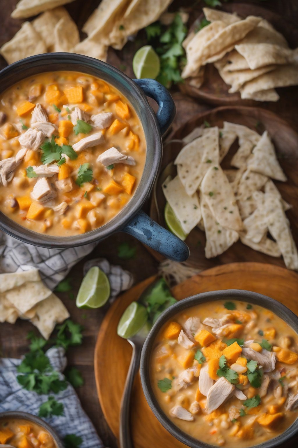 A close-up photo of sweet potato creamy white chicken chili with vibrant orange chunks under soft lighting.