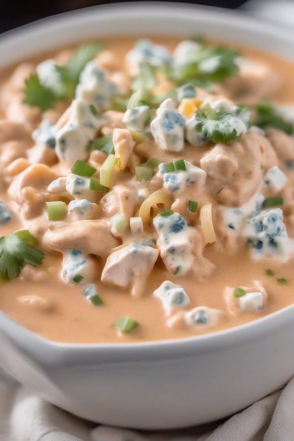 A close-up photo of buffalo creamy white chicken chili topped with blue cheese under soft lighting.