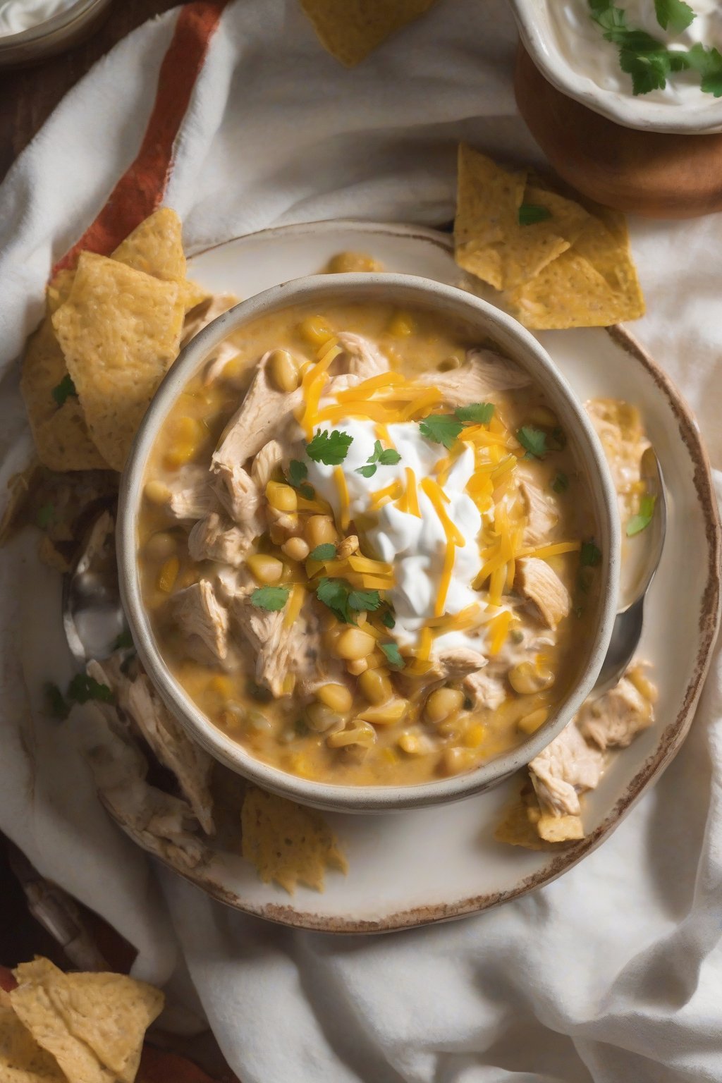 A close-up photo of pumpkin creamy white chicken chili with a dollop of sour cream under soft lighting.