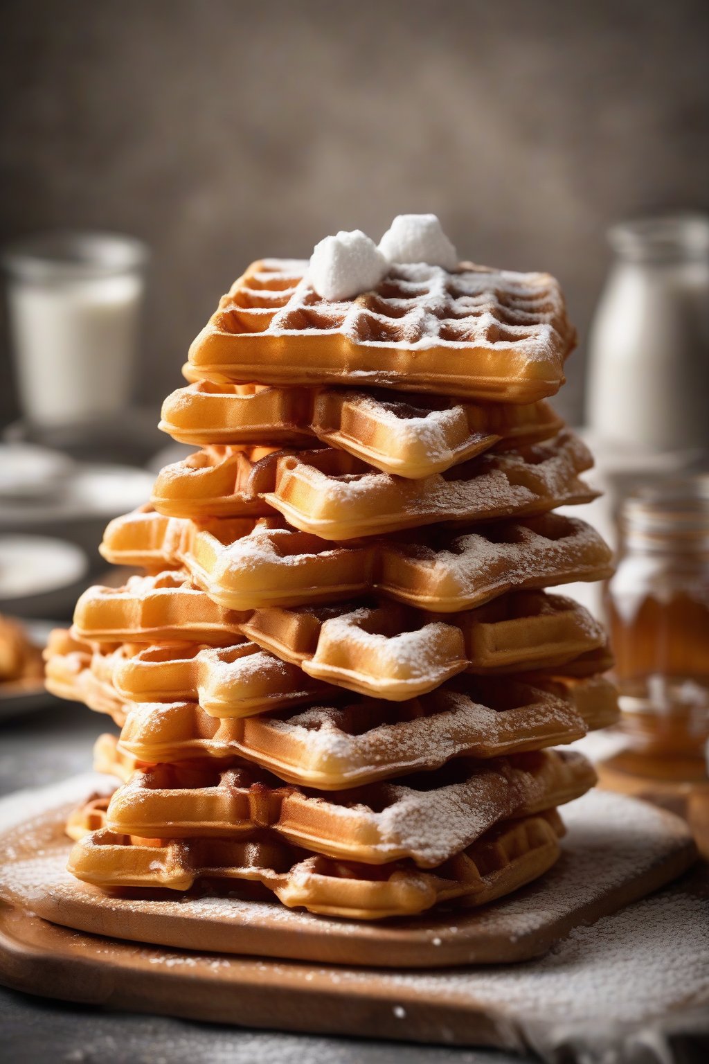 A high-resolution photo of golden Classic Buttermilk Crispy Waffles stacked high, drizzled with maple syrup and topped with powdered sugar, under soft lighting.
