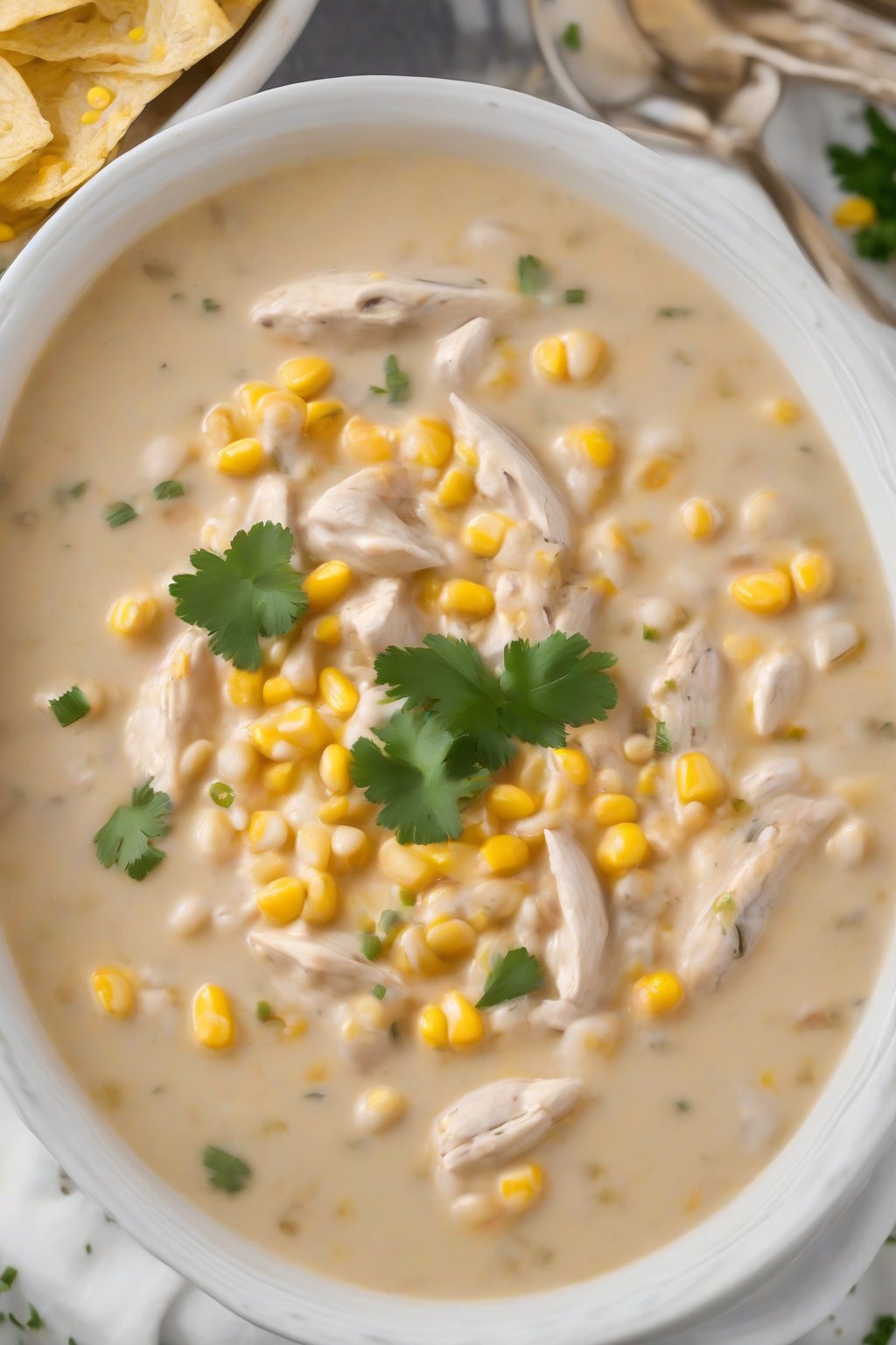 A high-resolution photo of creamy white chicken chili with corn kernels peeking through the creamy broth, under soft lighting.