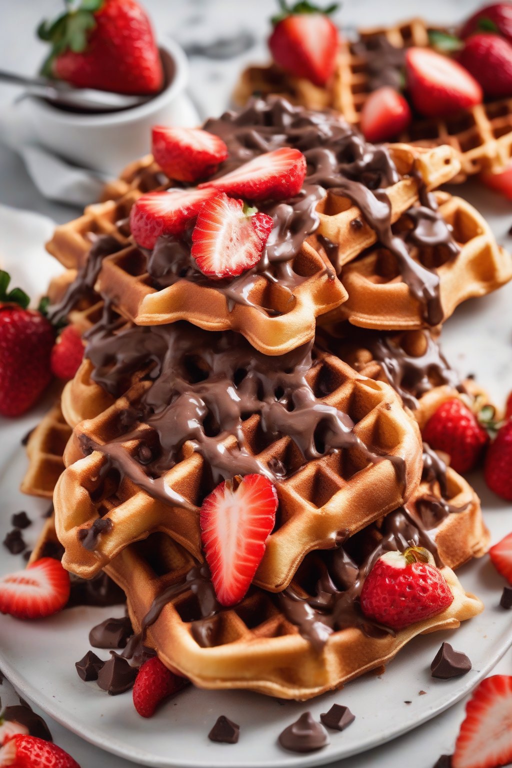 A high-resolution photo of Chocolate Chip Crispy Waffles with oozing melted chips, fresh strawberries on top, under soft lighting.