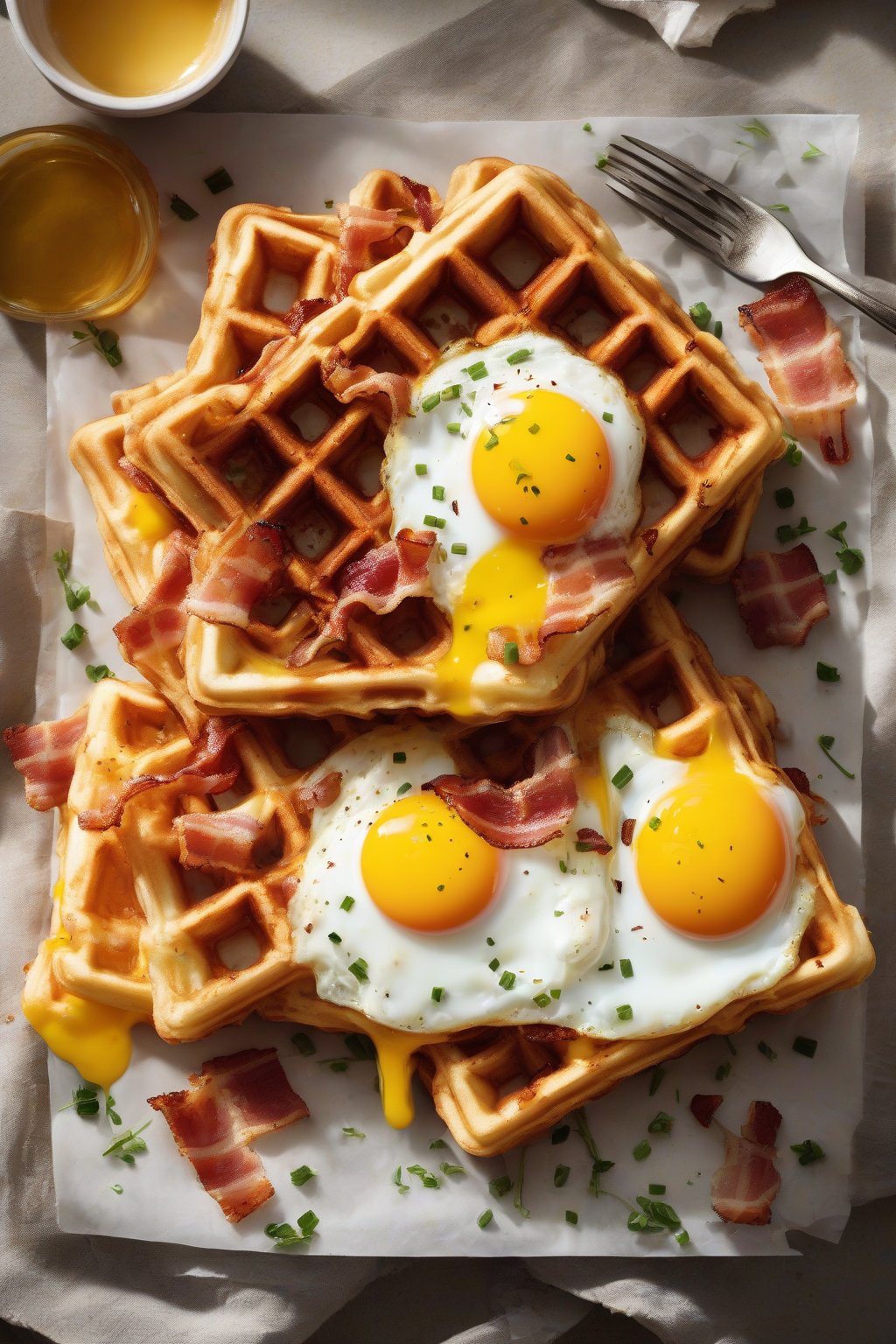 A high-resolution photo of Savory Bacon Cheddar Crispy Waffles cut open to show melty cheese and bacon, topped with a sunny-side-up egg, under soft lighting.