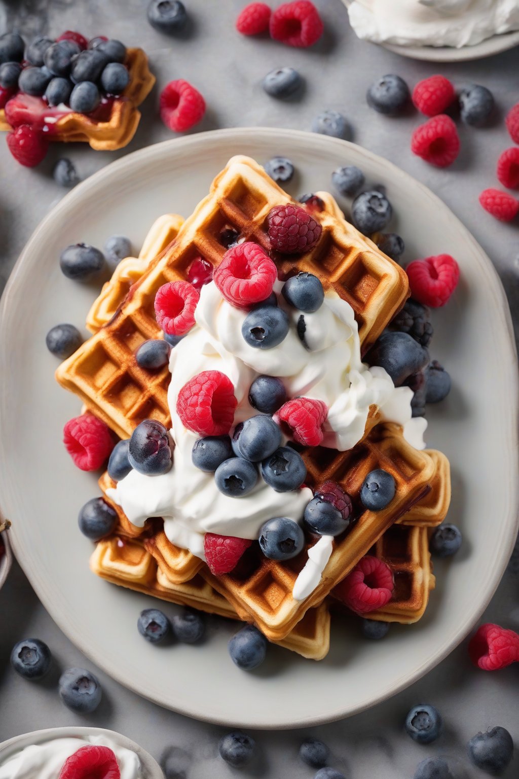 A high-resolution photo of Berry Blast Crispy Waffles topped with whipped cream and whole blueberries and raspberries, under soft lighting.
