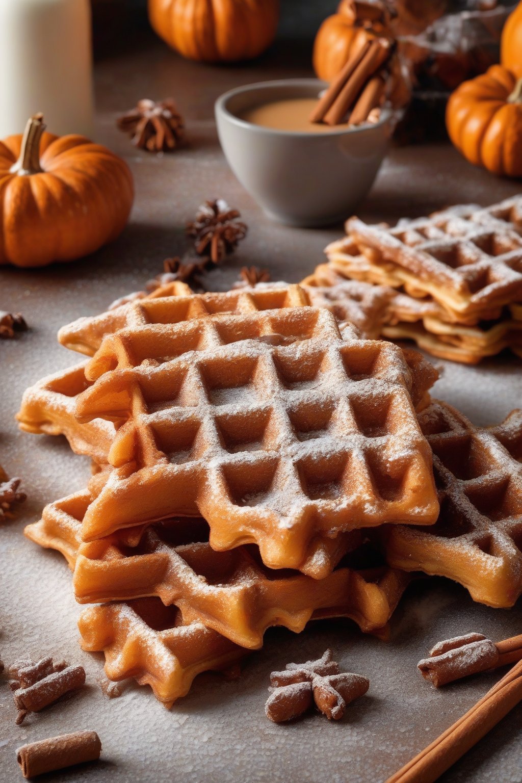 A high-resolution photo of Pumpkin Spice Crispy Waffles dusted with powdered sugar and cinnamon sticks nearby, under soft lighting.