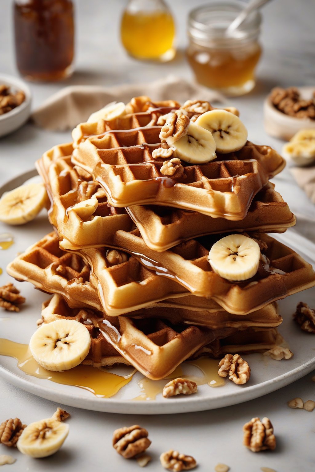 A high-resolution photo of Banana Nut Crispy Waffles sliced to reveal walnuts, with banana slices and honey drizzle, under soft lighting.