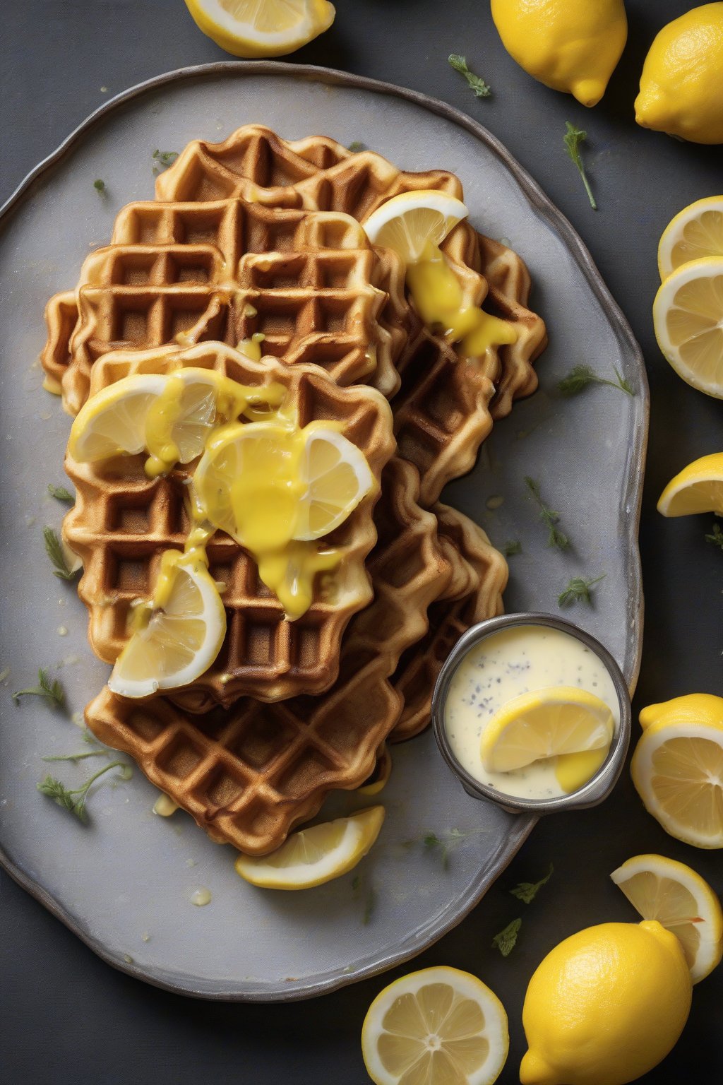 A high-resolution photo of Lemon Poppy Seed Crispy Waffles with lemon curd and fresh lemon wedges, under soft lighting.