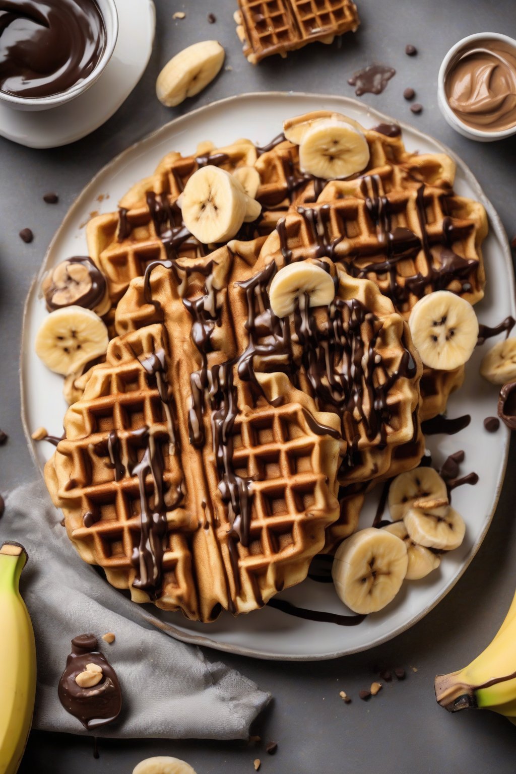 A high-resolution photo of Peanut Butter Crispy Waffles with sliced bananas and a chocolate drizzle, under soft lighting.