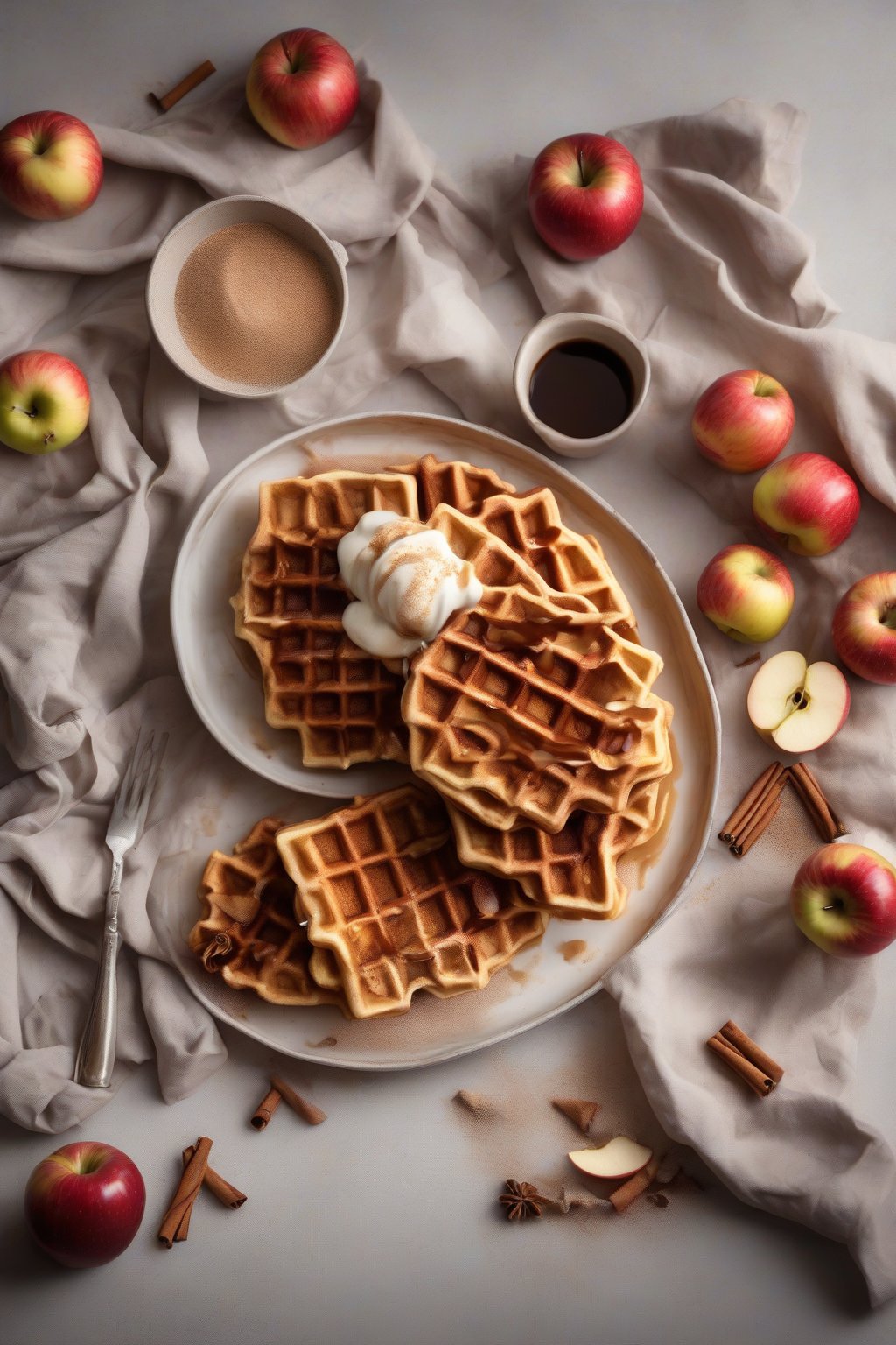 A high-resolution photo of Apple Cinnamon Crispy Waffles with sautéed apples and cinnamon dust, under soft lighting.