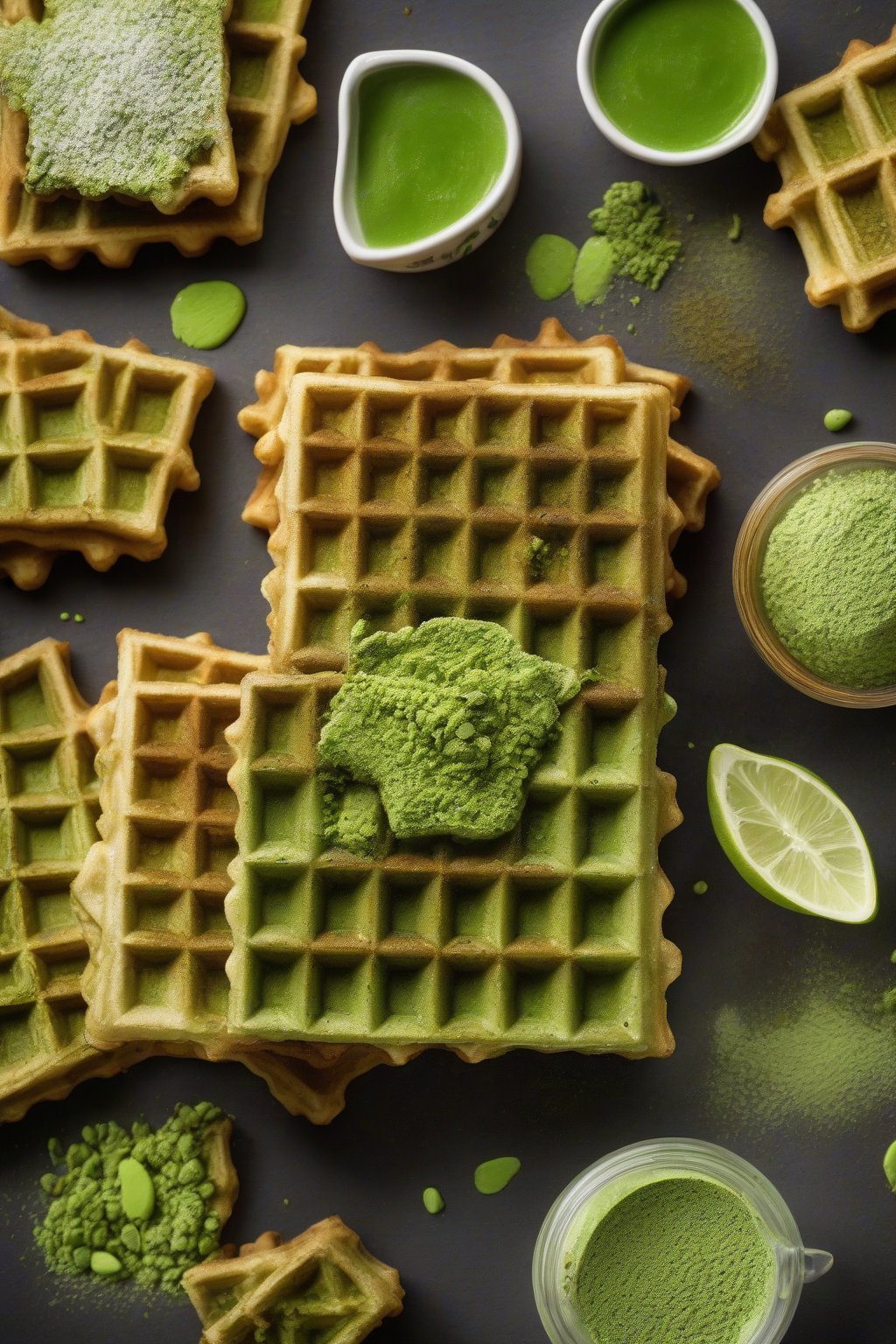 A high-resolution photo of vibrant green Matcha Green Tea Crispy Waffles with matcha powder dusting, under soft lighting.