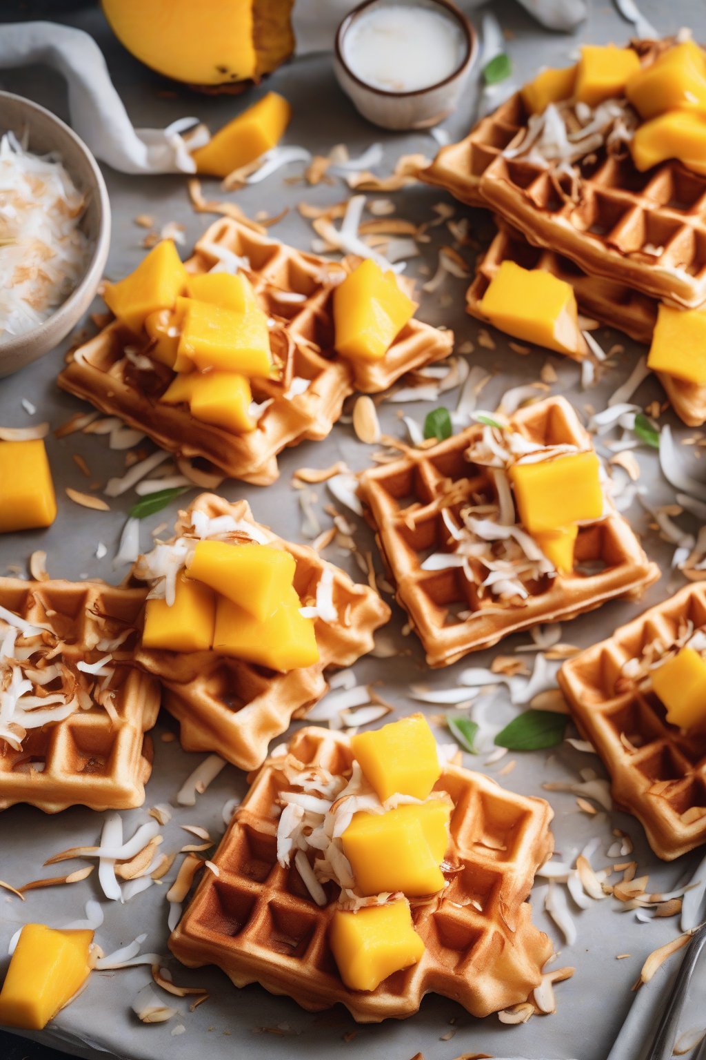 A high-resolution photo of Coconut Crispy Waffles topped with toasted coconut and mango slices, under soft lighting.