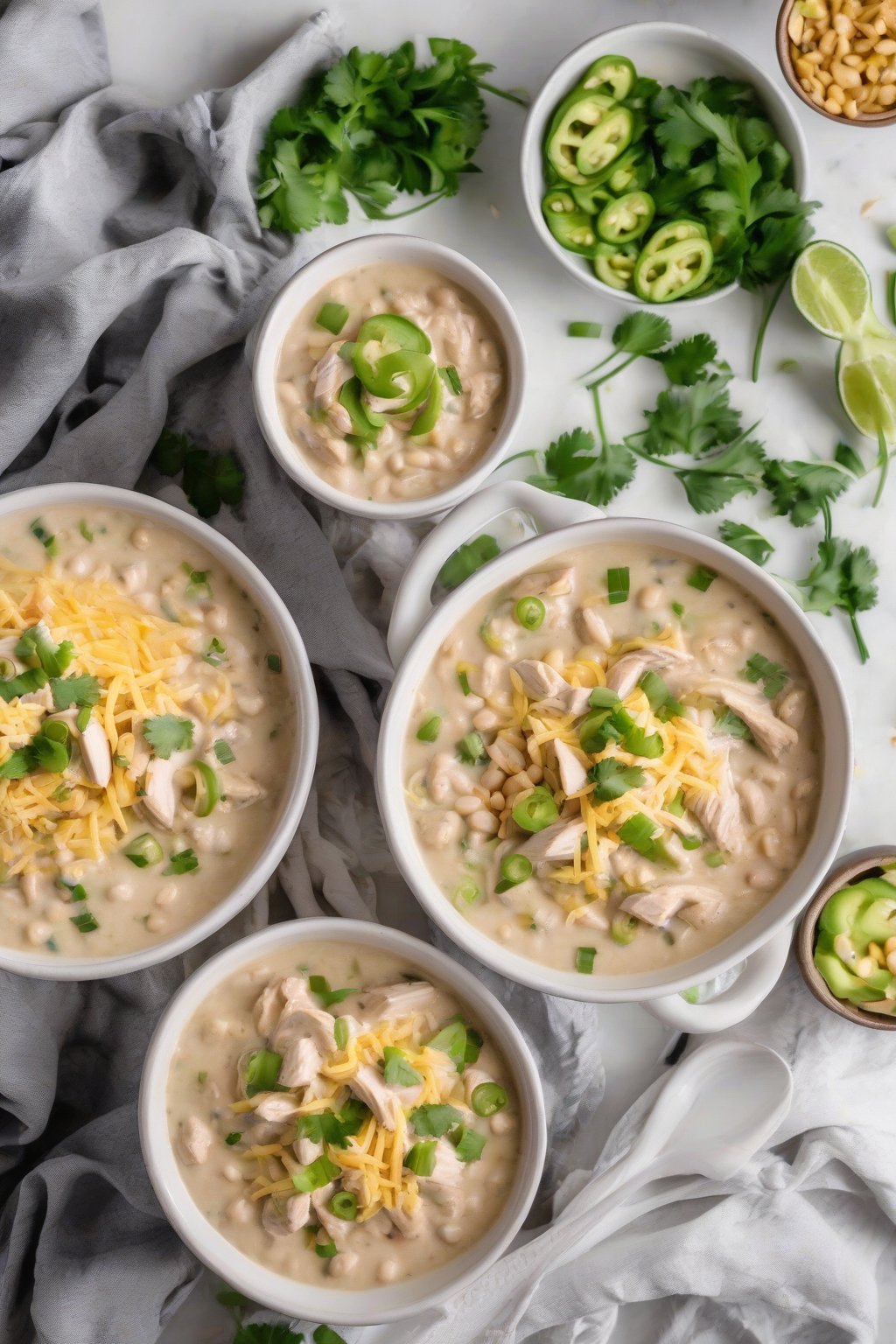 A high-resolution photo of Instant Pot creamy white chicken chili served in a white bowl with green onion topping, under soft lighting.
