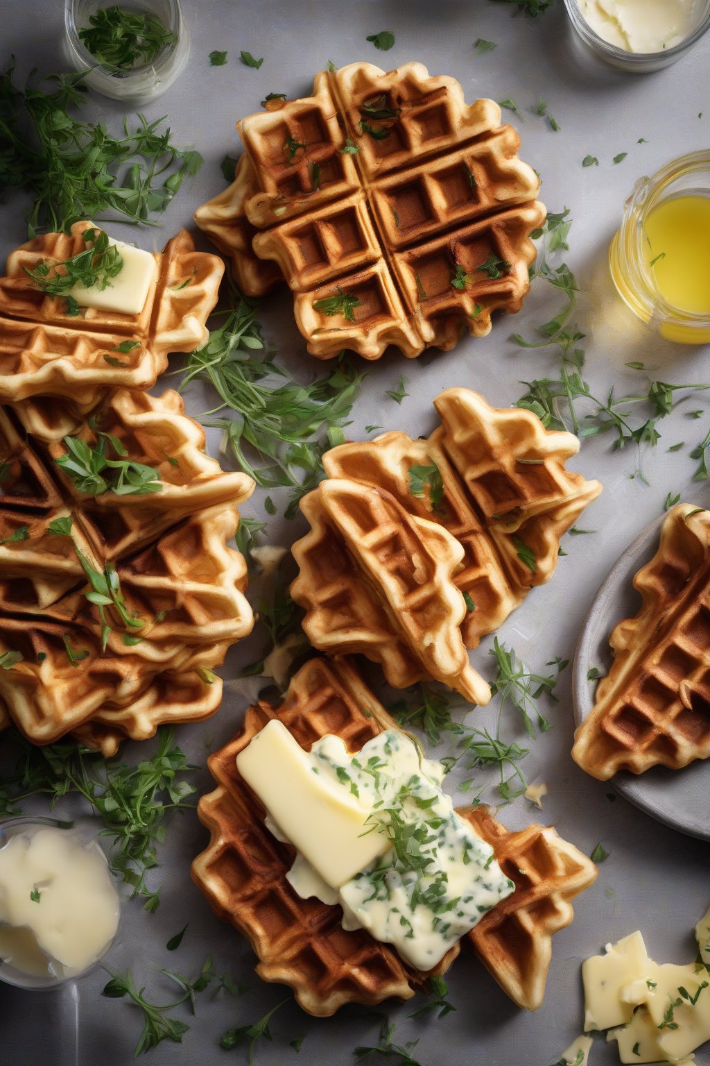 A high-resolution photo of Herb and Cheese Crispy Waffles with fresh herbs and a pat of butter melting, under soft lighting.