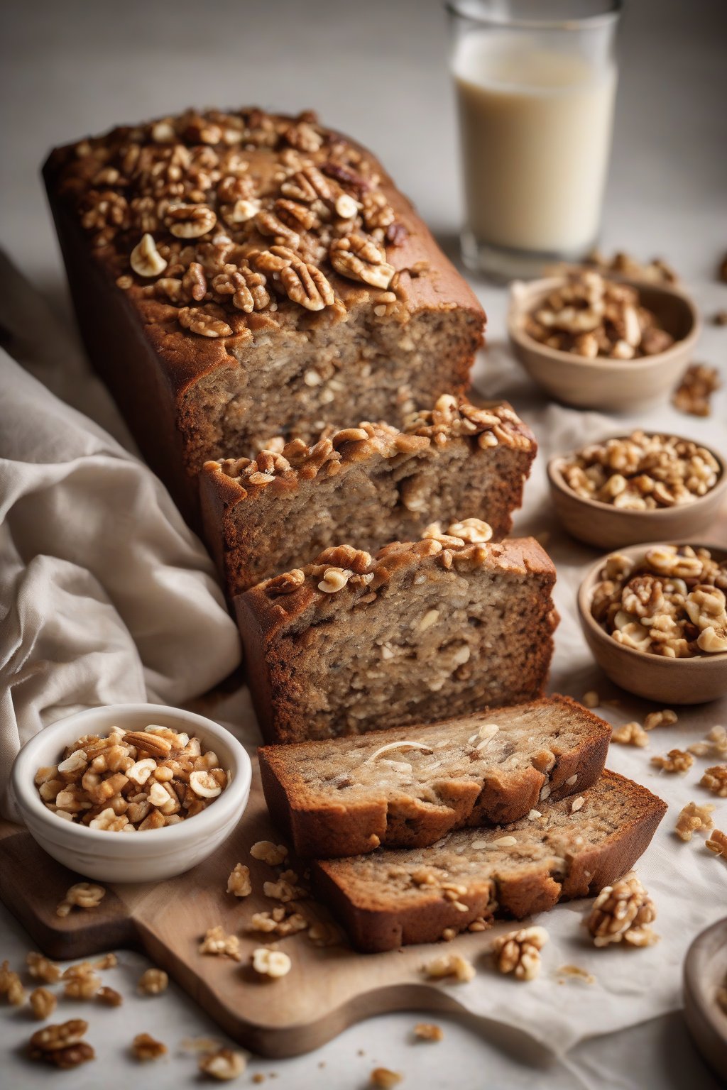 A high-resolution photo of sliced classic toasted walnut crunch banana bread revealing crunchy nut pieces, under soft lighting.