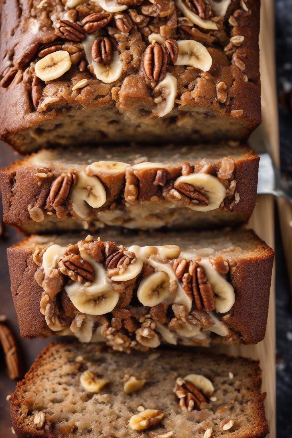 A high-resolution photo of pecan cinnamon crunch banana bread with visible swirls and nut clusters, under soft lighting.