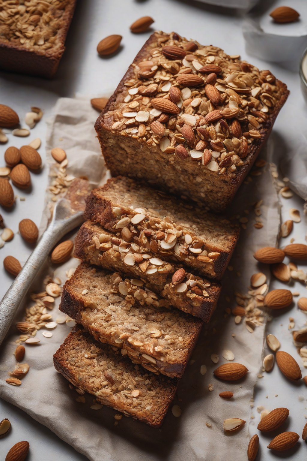 A high-resolution photo of almond granola crunch banana bread topped with oats and nuts, under soft lighting.
