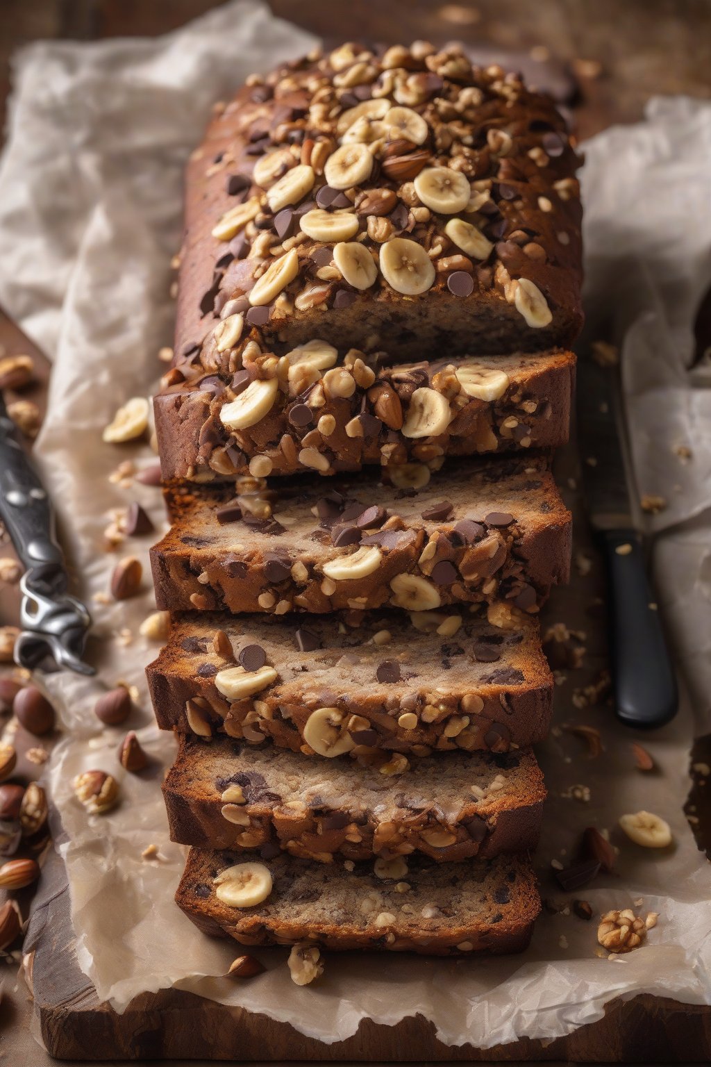 A high-resolution photo of hazelnut chocolate chip crunch banana bread with oozing chips and nut flecks, under soft lighting.