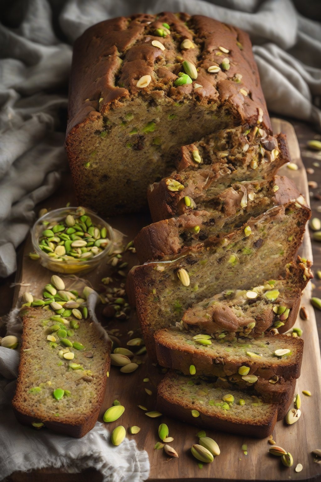 A high-resolution photo of pistachio lemon zest crunch banana bread showing green nuts and yellow flecks, under soft lighting.