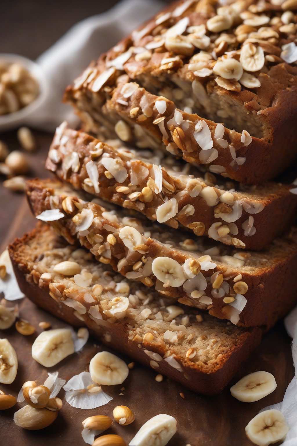 A high-resolution photo of macadamia coconut crunch banana bread with white flakes and golden nuts, under soft lighting.