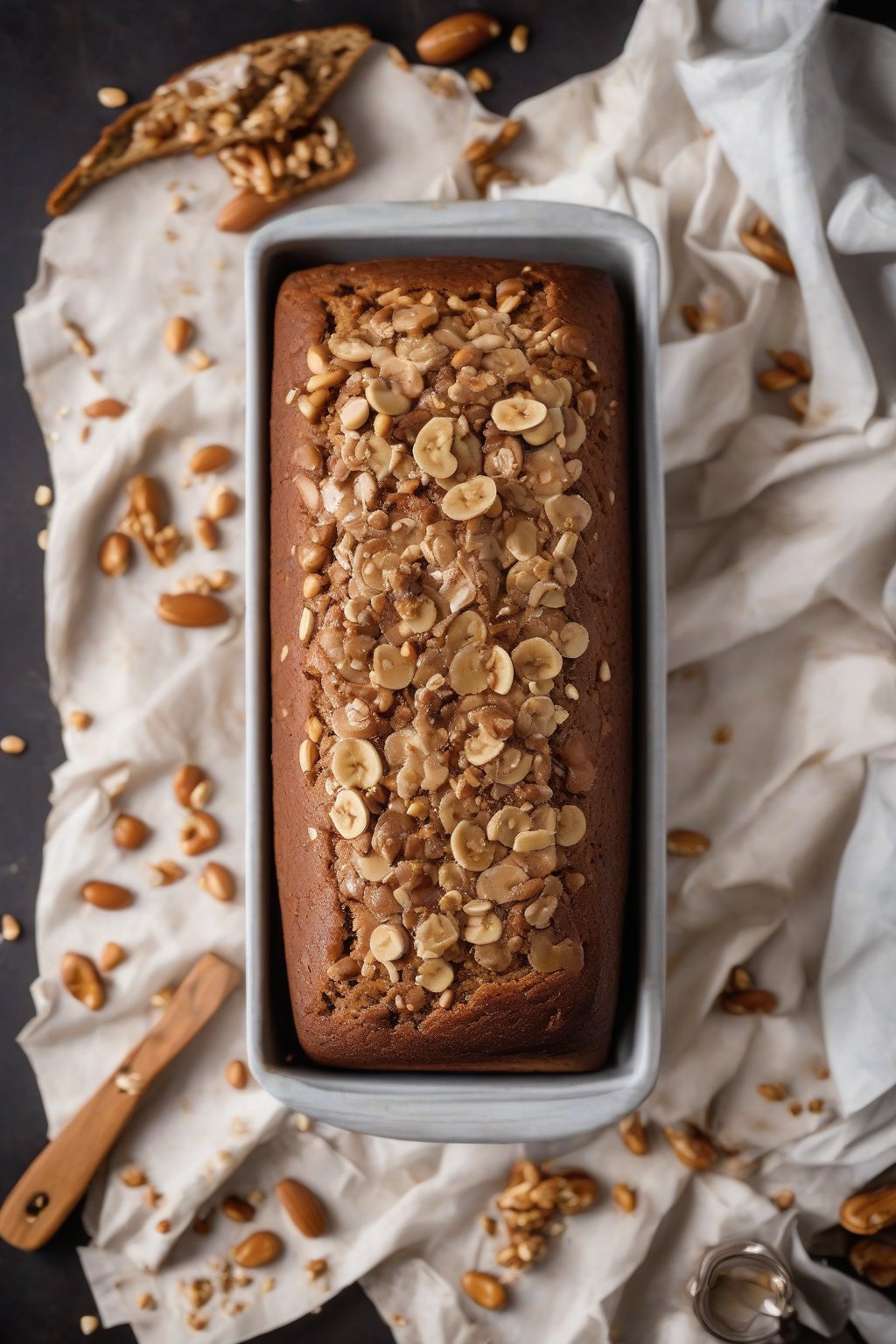 A high-resolution photo of peanut butter pretzel crunch banana bread with salty bits visible, under soft lighting.