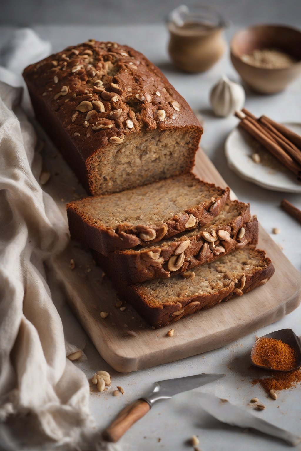 A high-resolution photo of cashew cardamom crunch banana bread dusted with spice, under soft lighting.