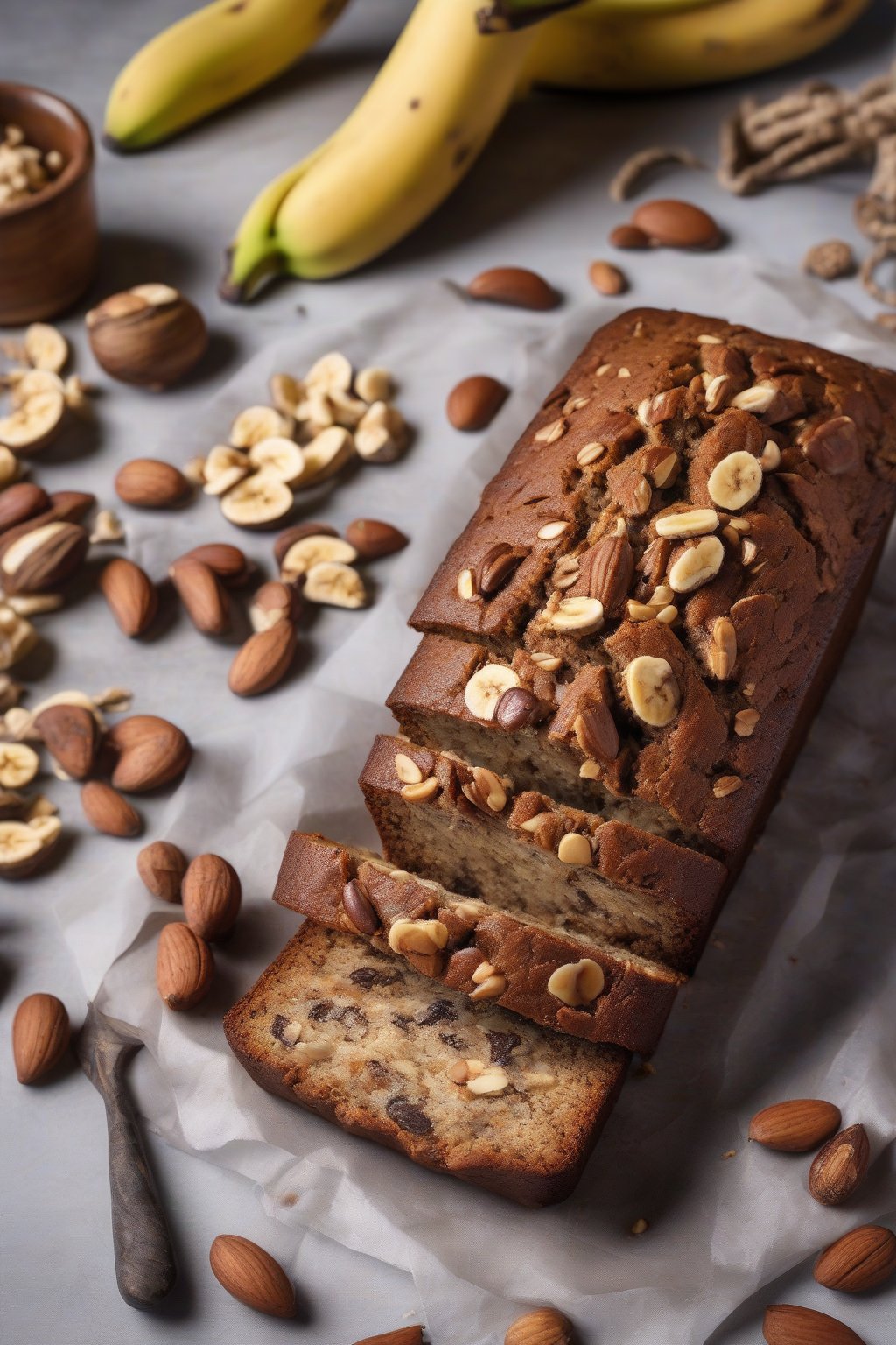 A high-resolution photo of Brazil nut crunch banana bread showcasing large nut chunks, under soft lighting.