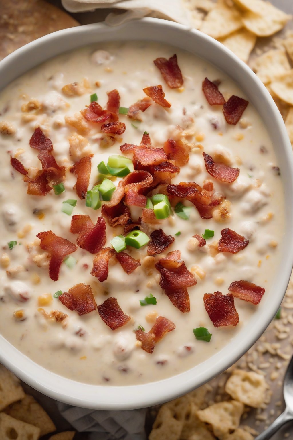 A high-resolution photo of creamy white chicken chili topped with crispy bacon crumbles, under soft lighting.