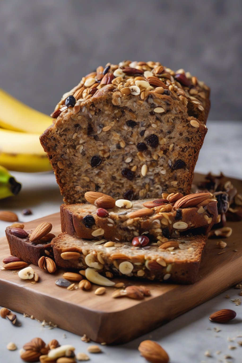 A high-resolution photo of trail mix multi-nut crunch banana bread bursting with seeds and fruits, under soft lighting.