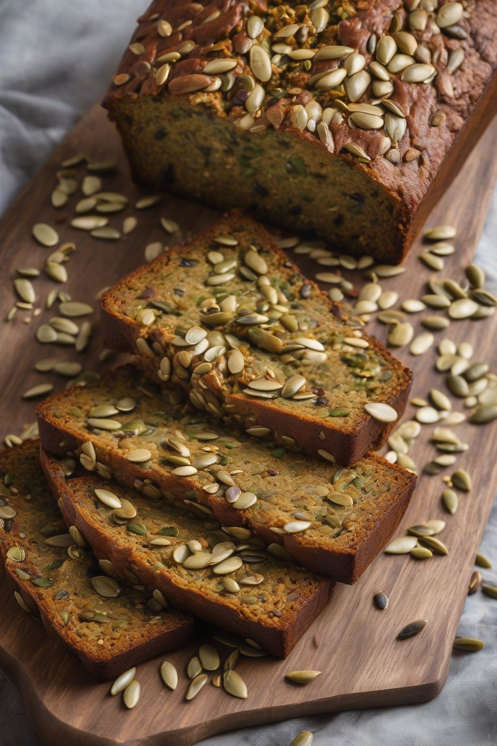 A high-resolution photo of pumpkin seed pepita crunch banana bread with green seeds embedded, under soft lighting.