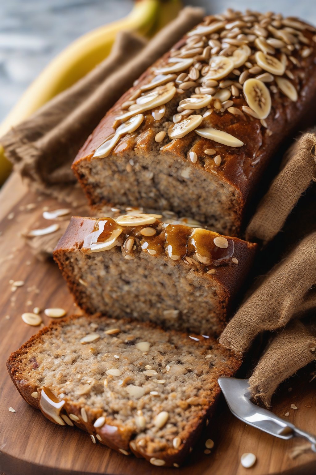 A high-resolution photo of sunflower seed honey crunch banana bread glistening with honey drizzle, under soft lighting.