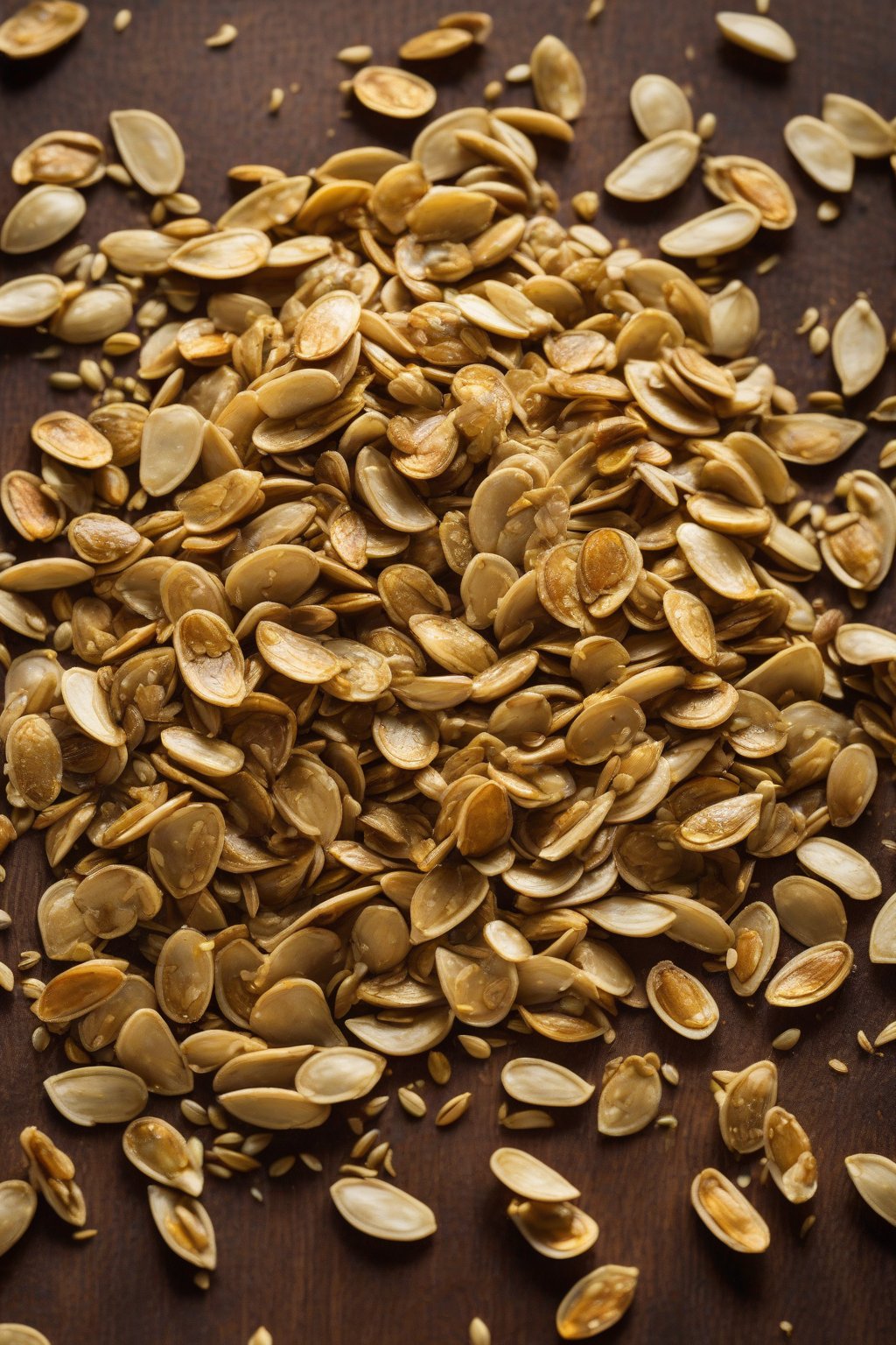 A high-resolution photo of golden garlic Parmesan pumpkin seeds scattered on a wooden board under soft lighting.