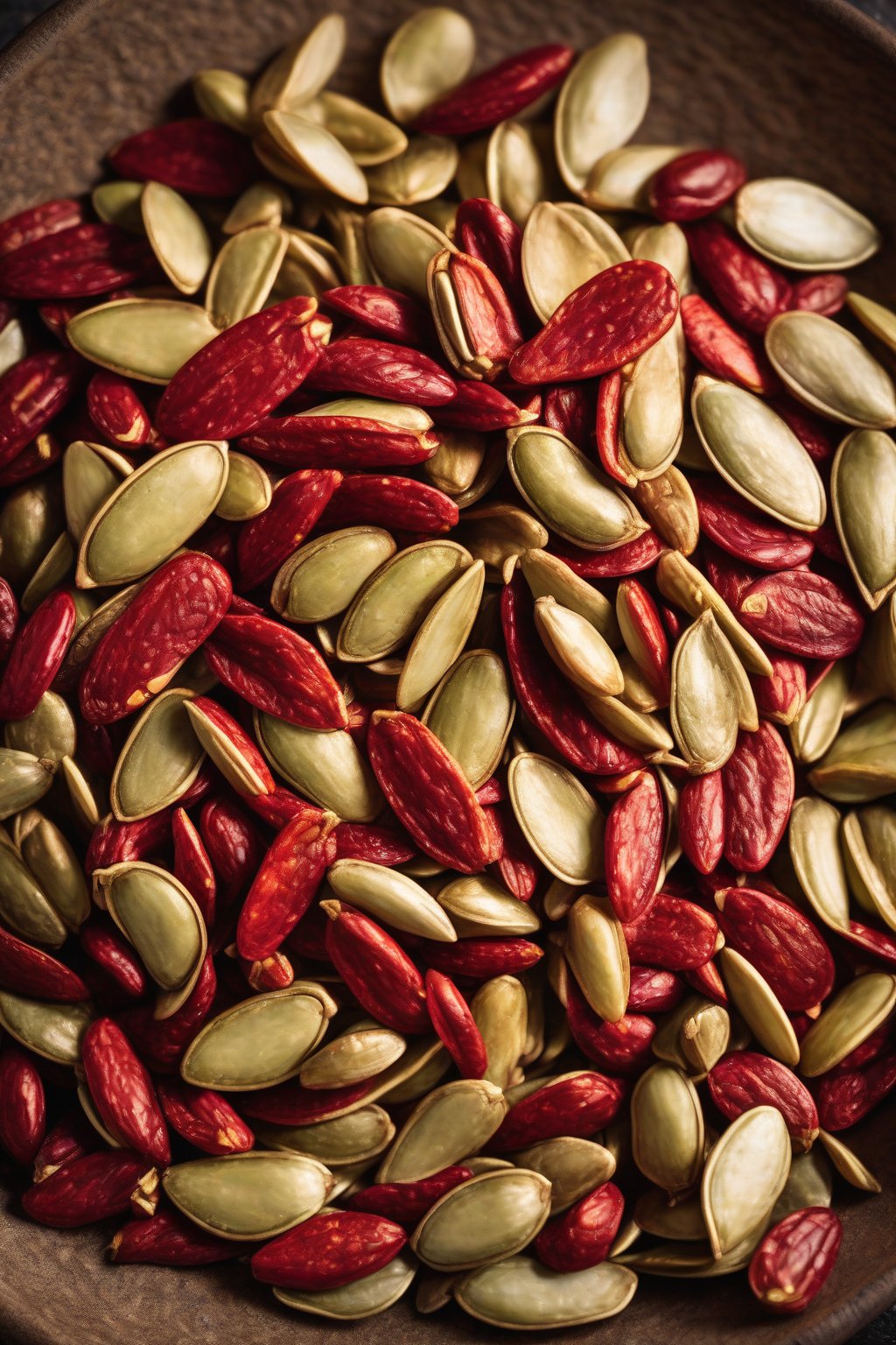 A high-resolution photo of vibrant red chili lime pumpkin seeds in a rustic bowl under soft lighting.