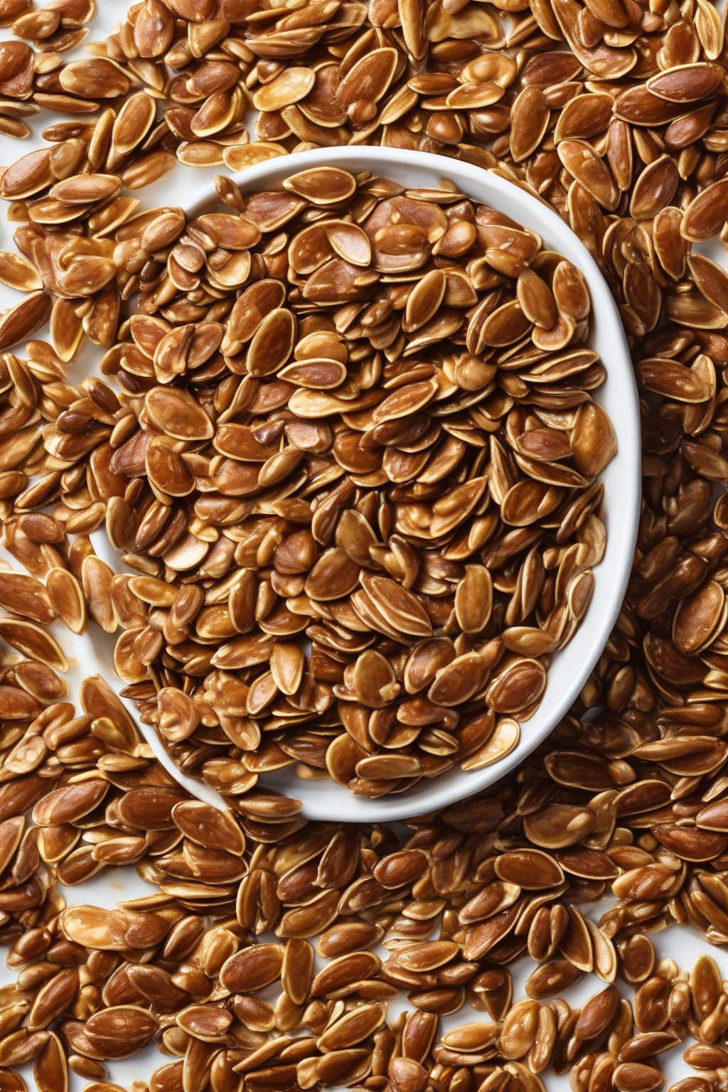 A high-resolution photo of glossy honey cinnamon pumpkin seeds piled in a white dish under soft lighting.