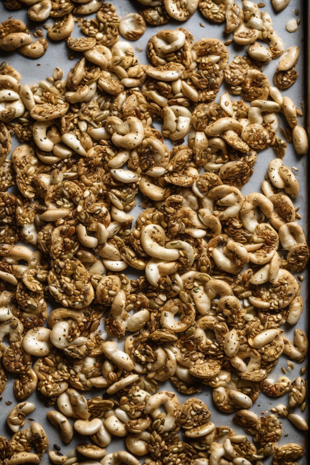 A high-resolution photo of textured everything bagel pumpkin seeds on a baking sheet under soft lighting.