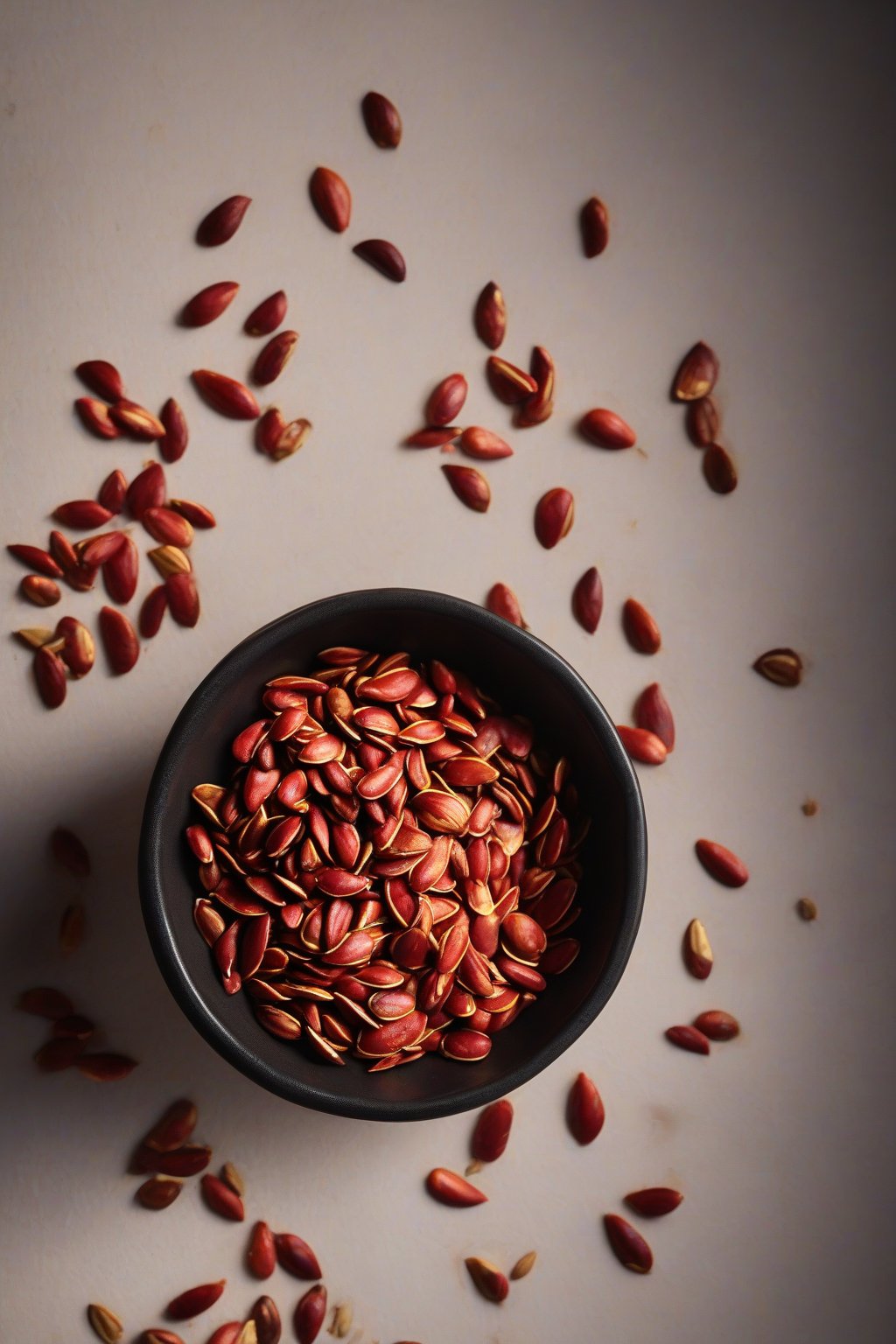 A high-resolution photo of deep red smoky paprika pumpkin seeds in a black bowl under soft lighting.