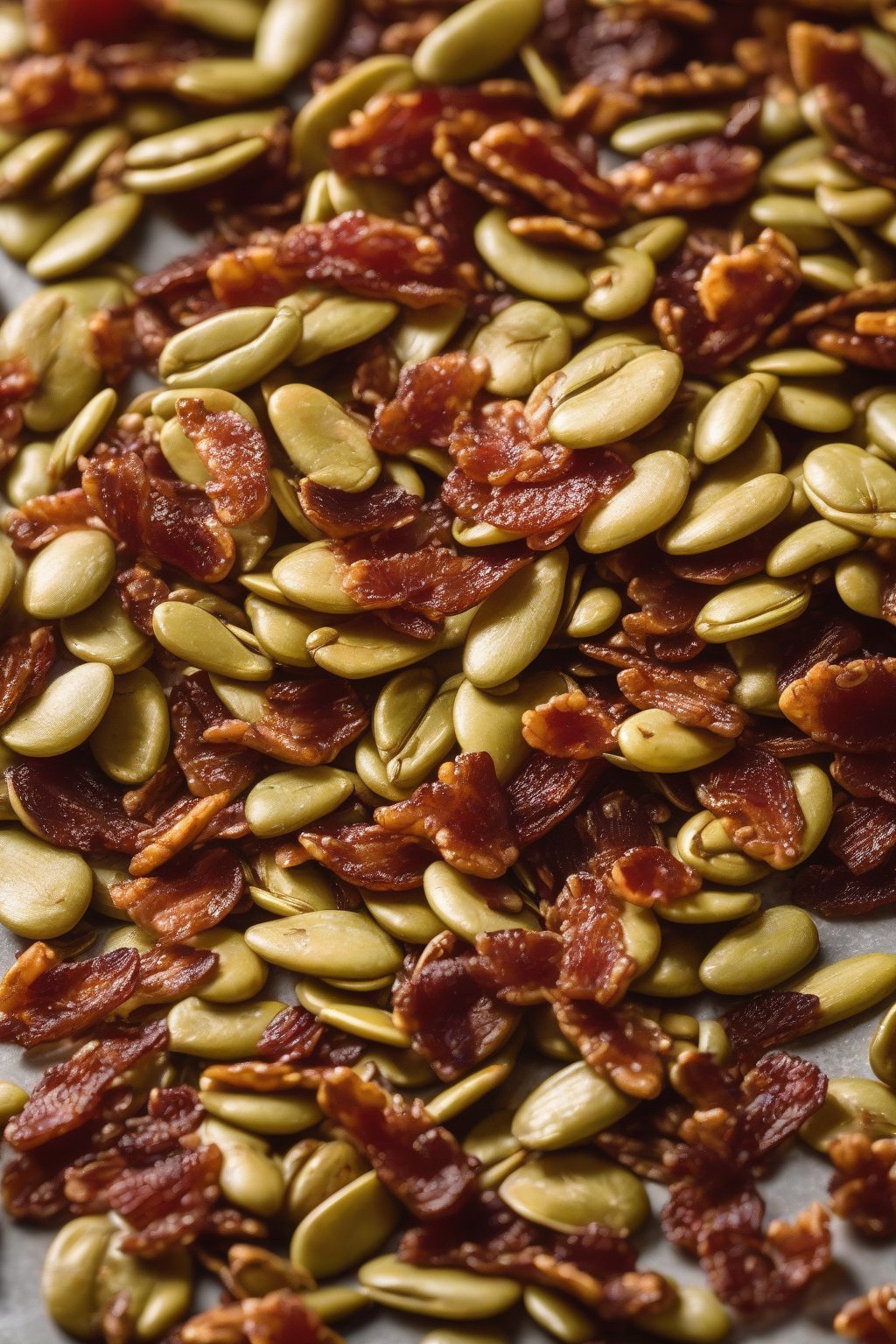 A high-resolution photo of candied maple bacon pumpkin seeds sprinkled with bacon bits under soft lighting.