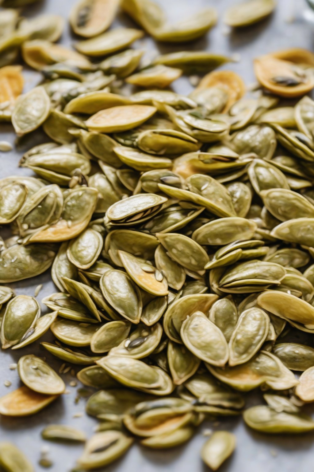 A high-resolution photo of zesty lemon herb pumpkin seeds on a lemon wedge garnish under soft lighting.