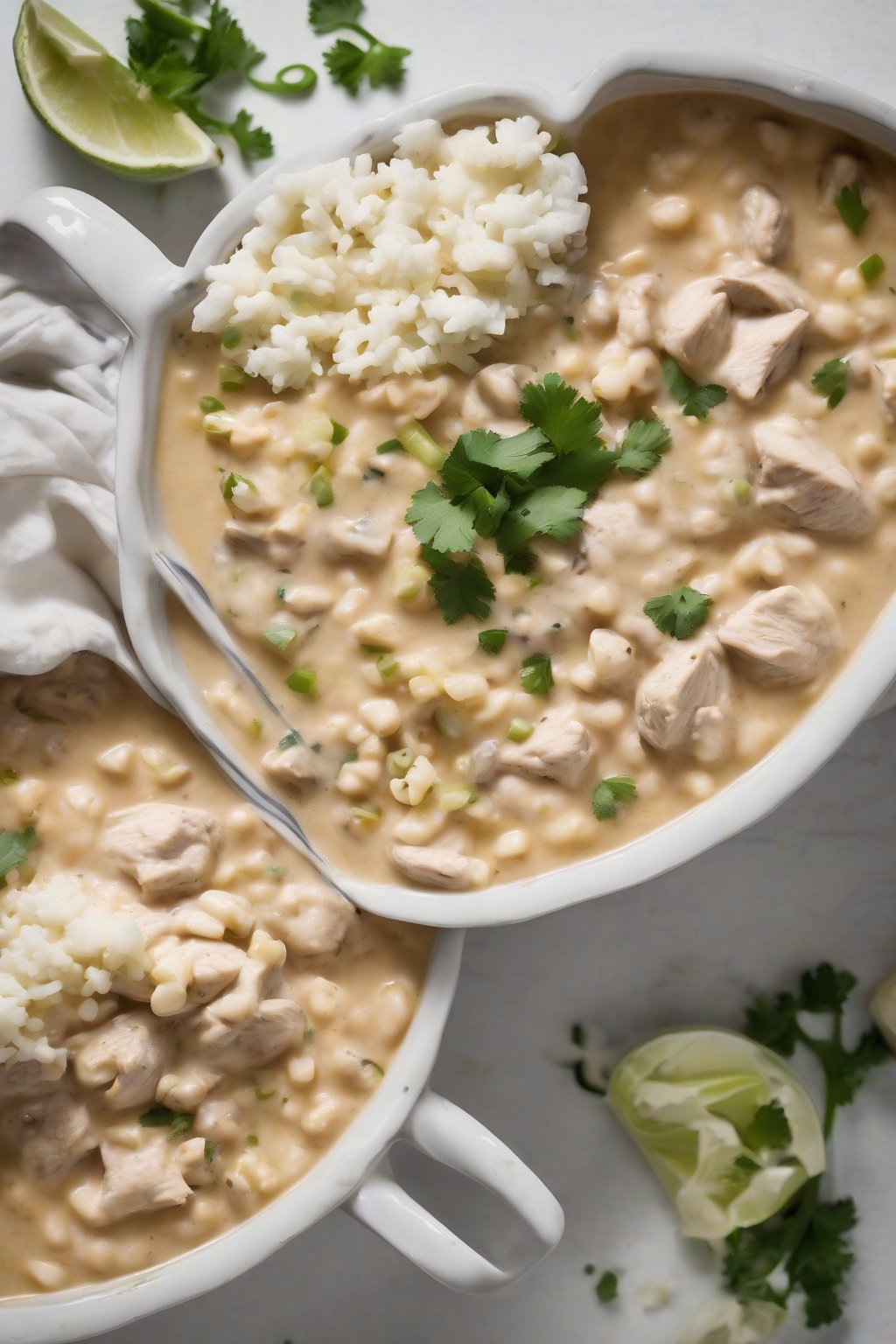 A high-resolution photo of lightened-up creamy white chicken chili with visible cauliflower bits, under soft lighting.