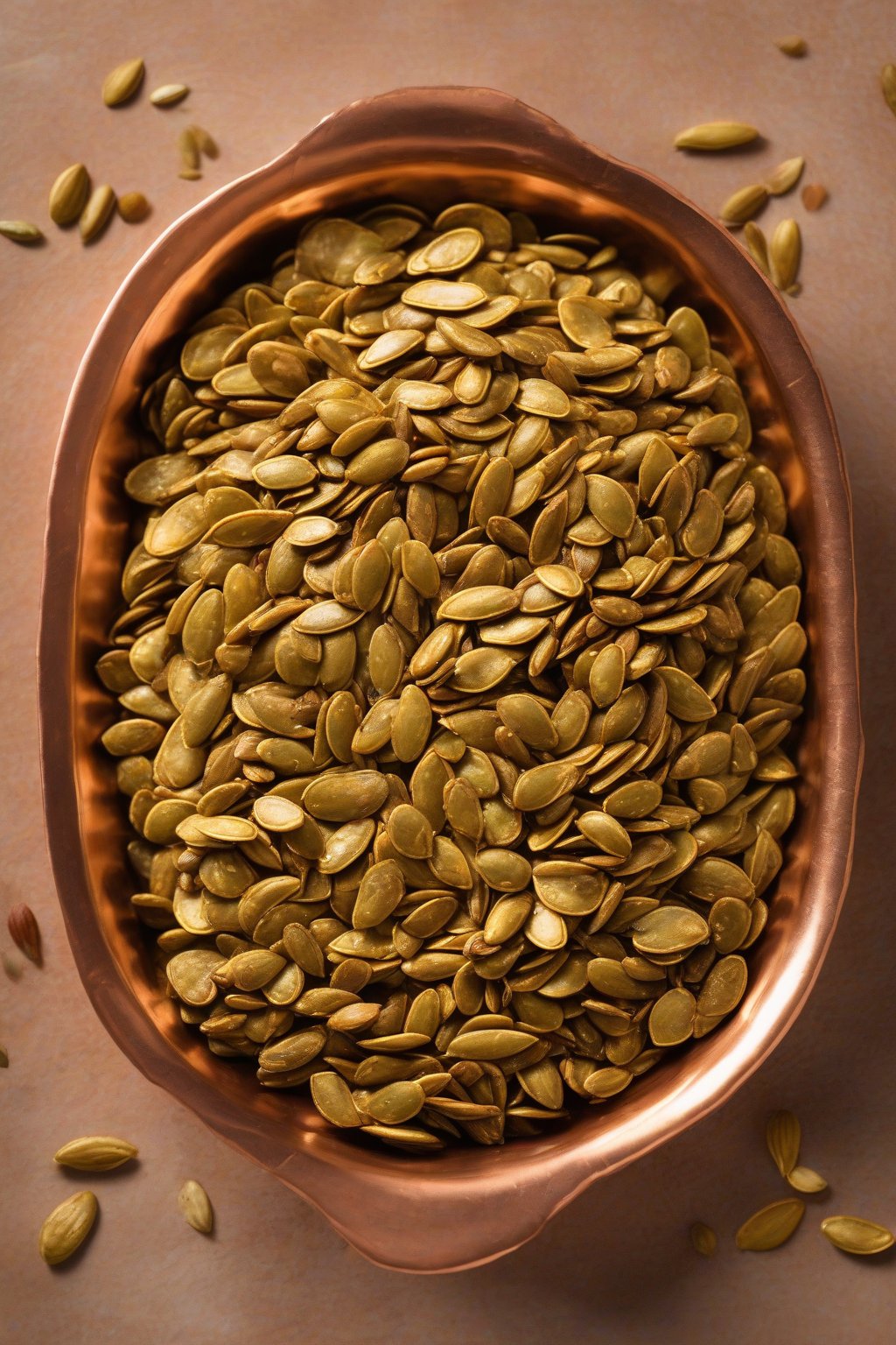 A high-resolution photo of golden curry spiced pumpkin seeds in a copper dish under soft lighting.