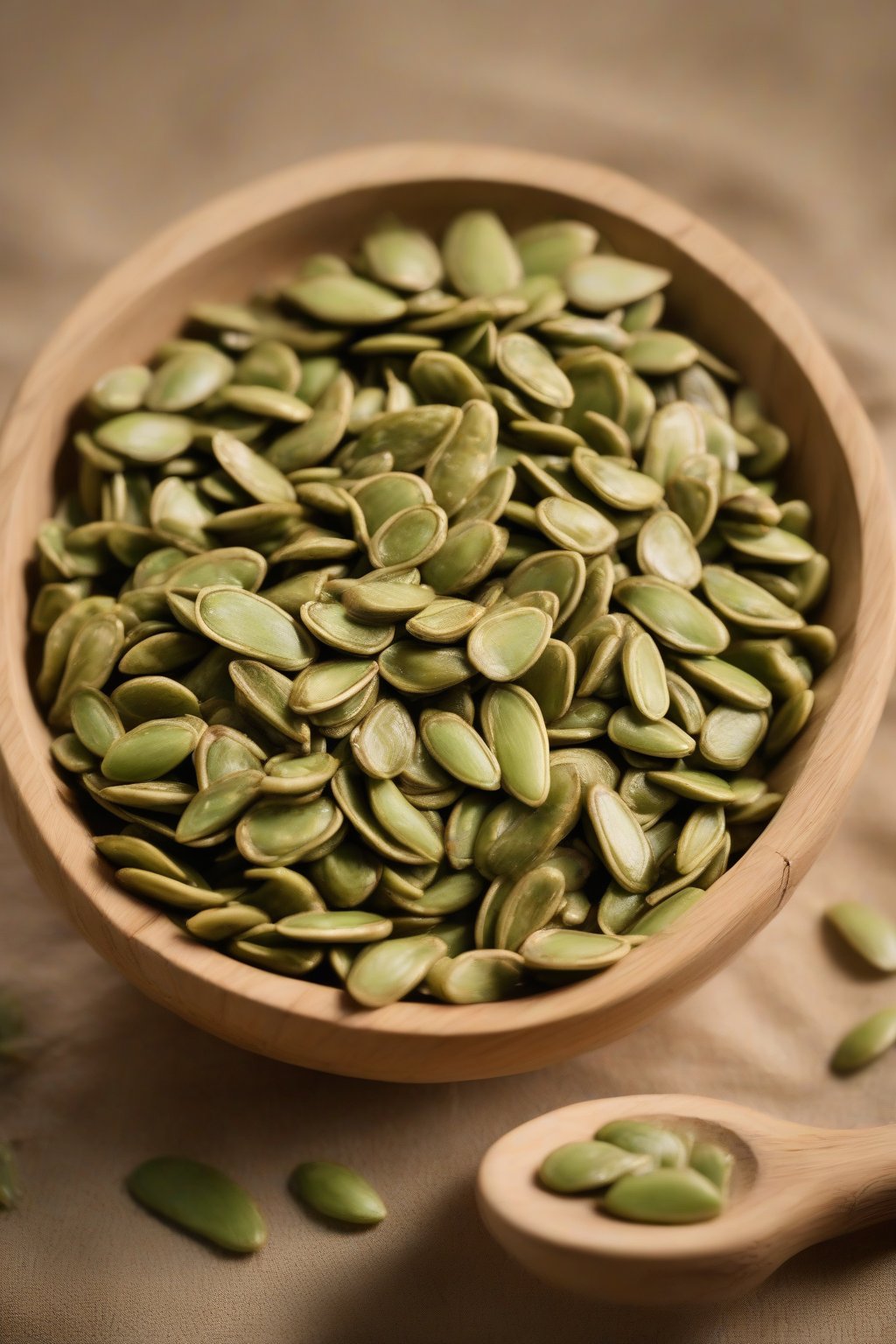 A high-resolution photo of green-tinged wasabi soy pumpkin seeds in a bamboo bowl under soft lighting.