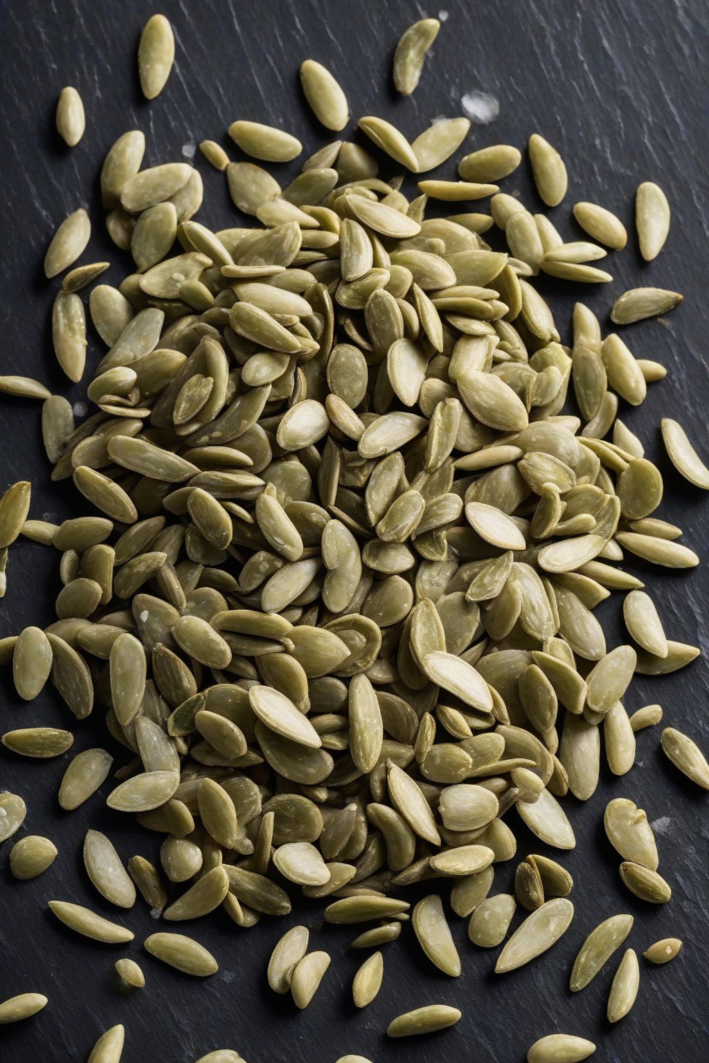A high-resolution photo of aromatic rosemary sea salt pumpkin seeds on a slate board under soft lighting.