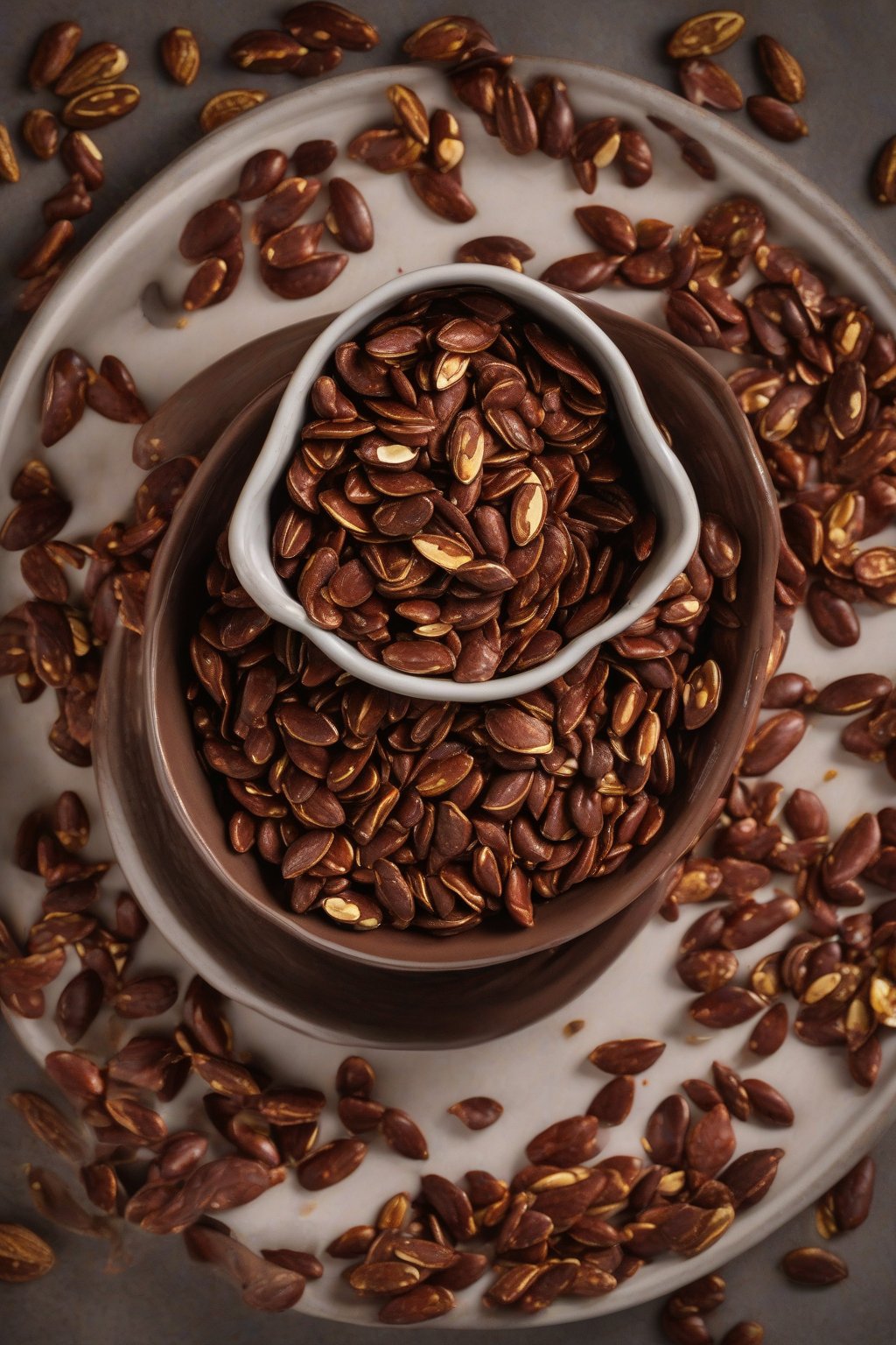 A high-resolution photo of dark cocoa chili pumpkin seeds in a mug-lined bowl under soft lighting.