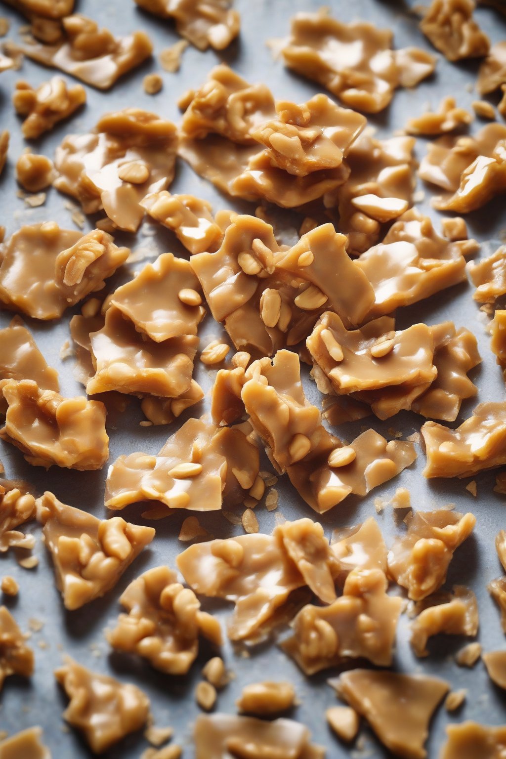 A high-resolution photo of shattered pieces of golden classic peanut brittle revealing embedded peanuts, under soft lighting.