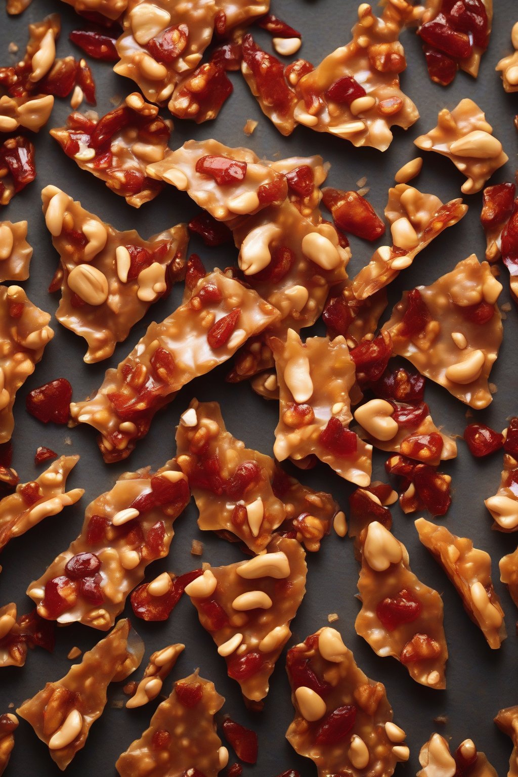 A high-resolution photo of fiery red-tinged spicy peanut brittle shards with visible chili flecks, under soft lighting.