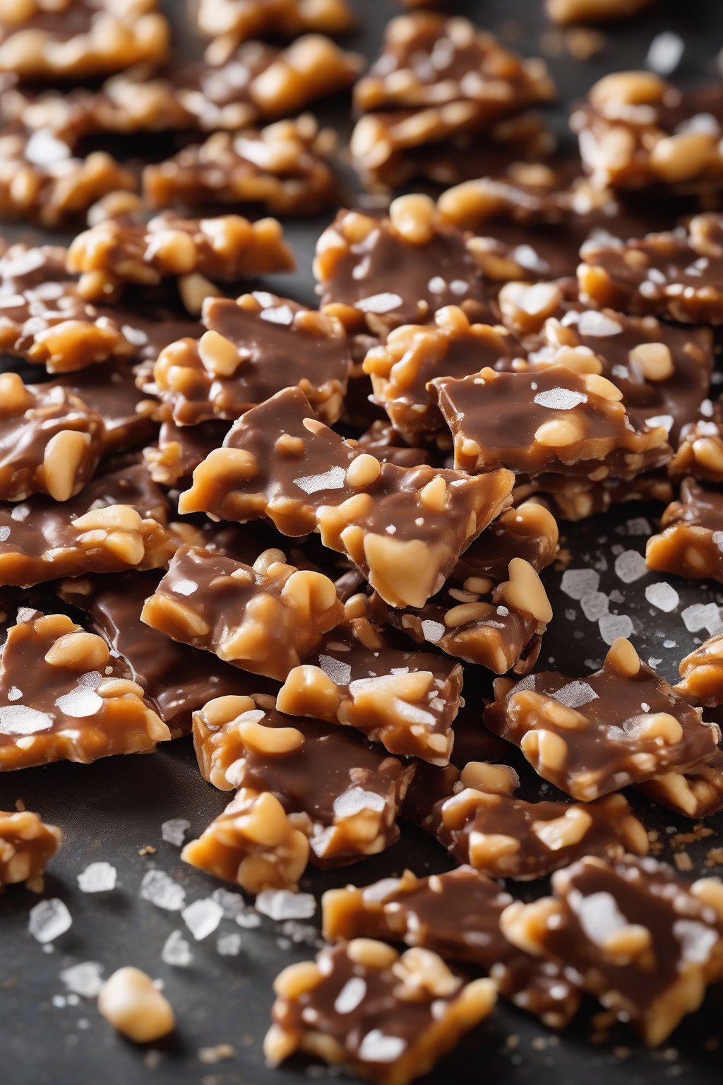 A high-resolution photo of chocolate-drizzled peanut brittle pieces topped with sea salt crystals, under soft lighting.